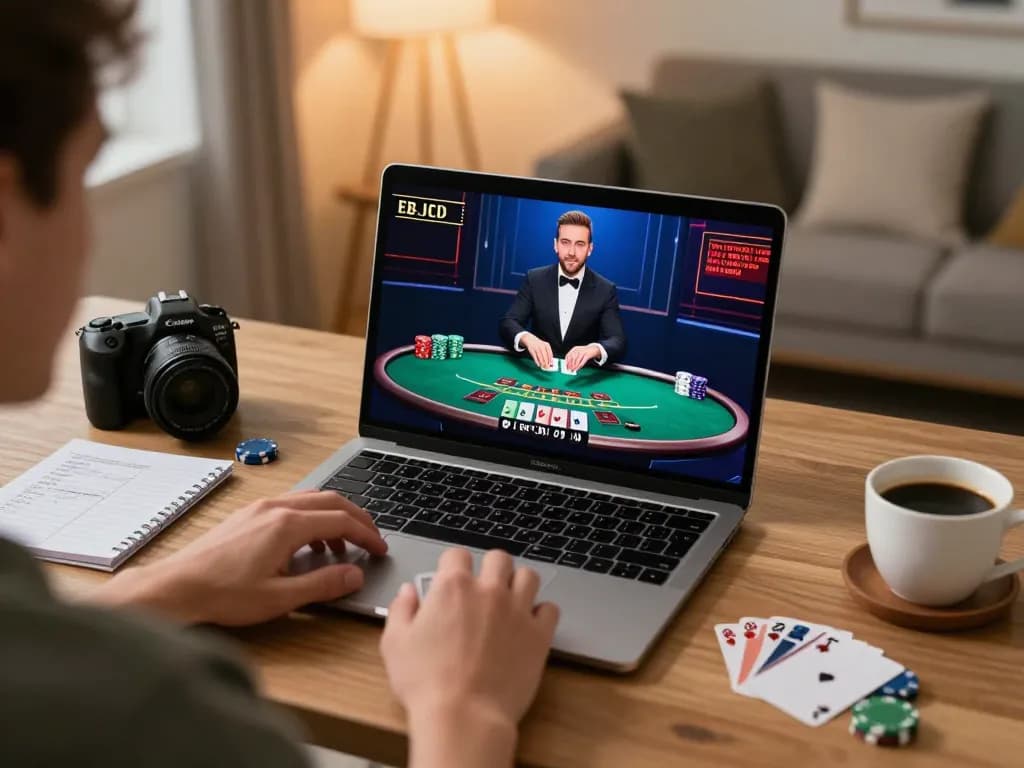 Player enjoying live blackjack at N188 online casino from cozy home office setup