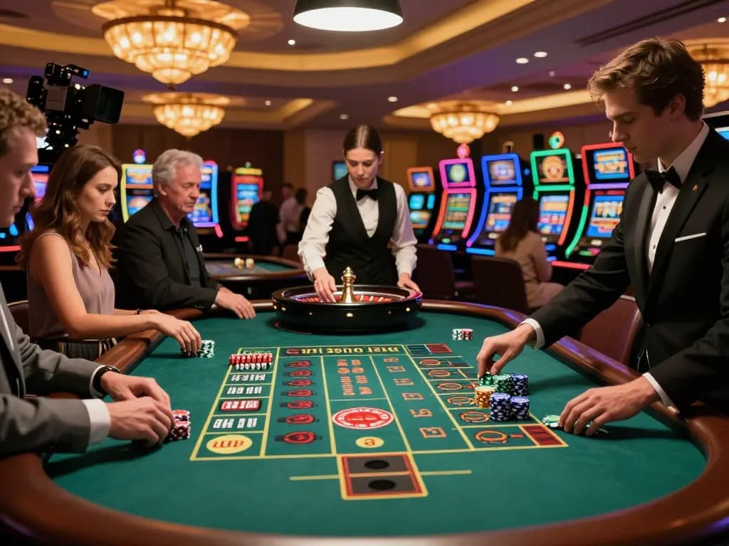 The official website of online casinos showcasing players betting at a roulette table in a vibrant casino.