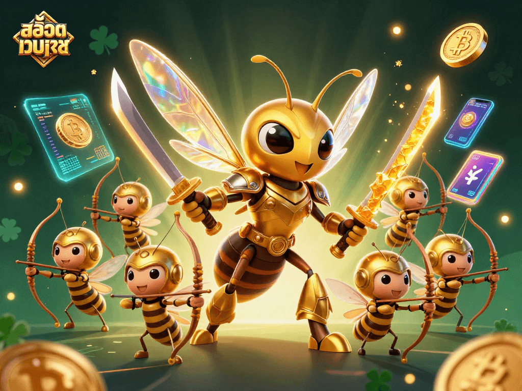 Engage in สล็อตเว็บตรง action featuring a giant golden hornet and bee archers amidst glowing crypto coins.