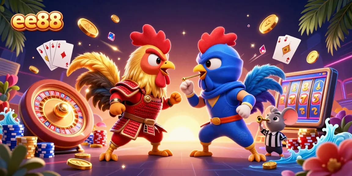ee88 showcases a dramatic standoff of samurai and ninja roosters in a vibrant casino scene filled with gold.