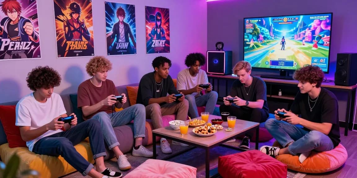 Characters enjoying a gay hentai game in a vibrant lounge setting with neon lights.