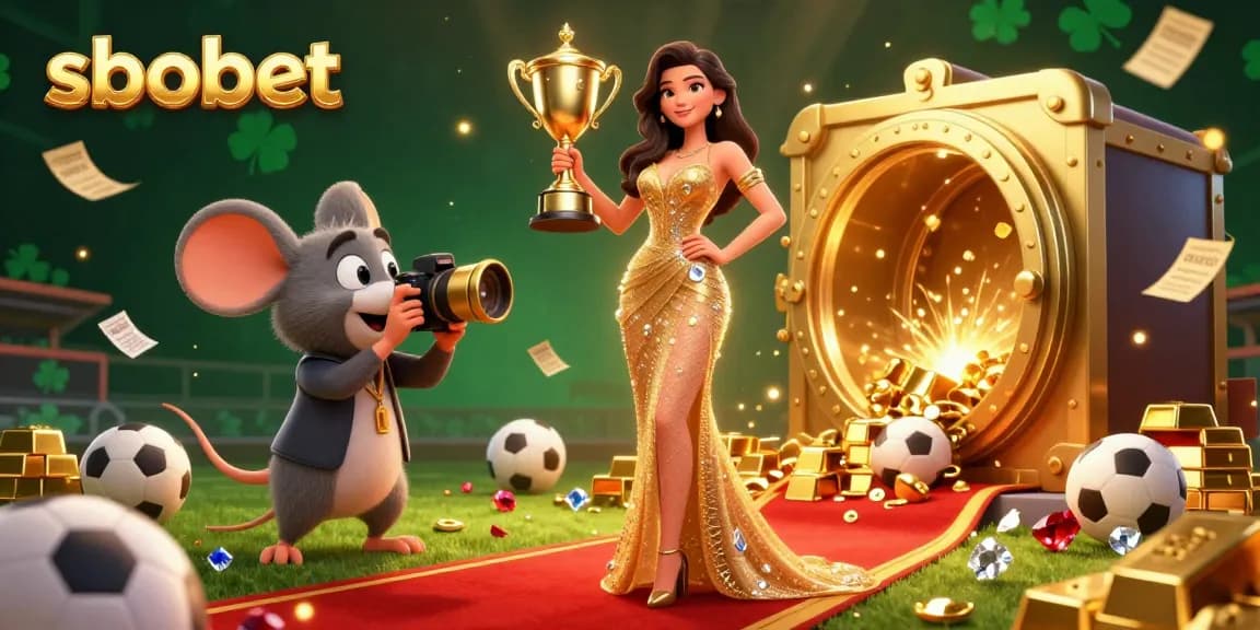 Experience the thrill of sbobet sports betting with a glamorous 3D illustration showcasing rich elements of victory and excitement.
