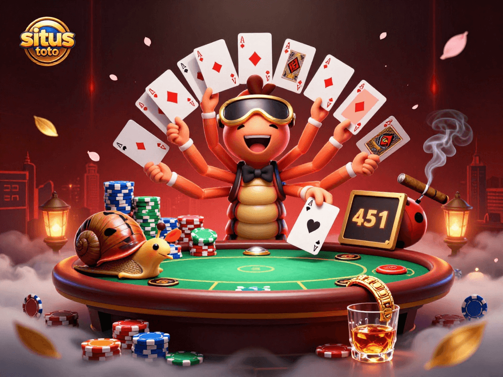 Situs toto engaging players with a vivid casino scene showcasing a millipede dealer, vibrant poker chips, and a high-roller snail in action.