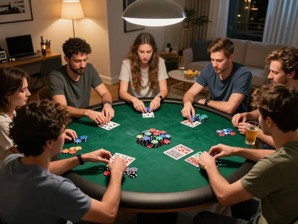 Friends enjoy a competitive poker night at home, strategically maneuvering chips and cards in an engaging gaming session focused on n188.