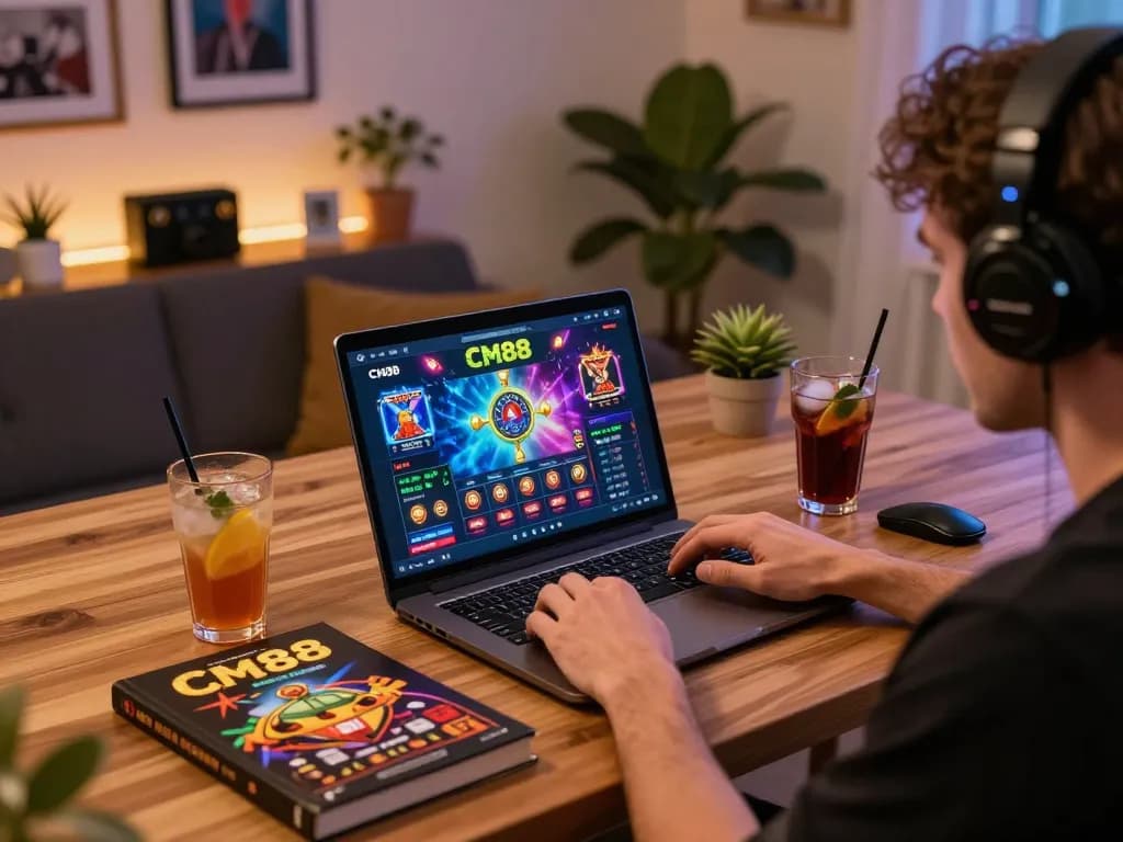Player enjoying CM88 online casino gaming on laptop with colorful graphics and strategic notes around