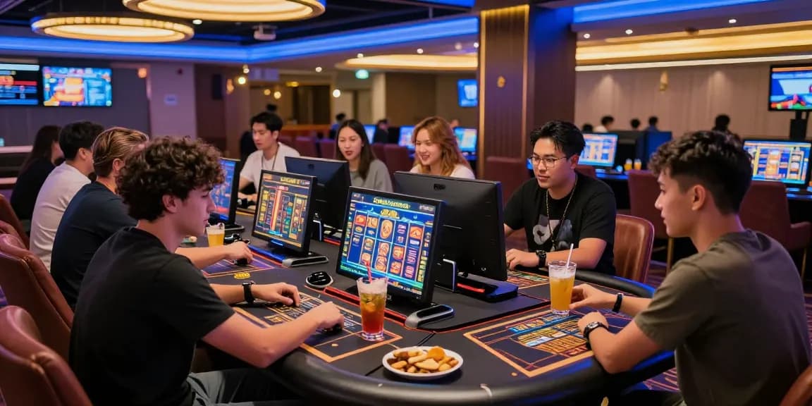 Pajaktoto slot gaming scene with friends enjoying an exciting online casino experience.