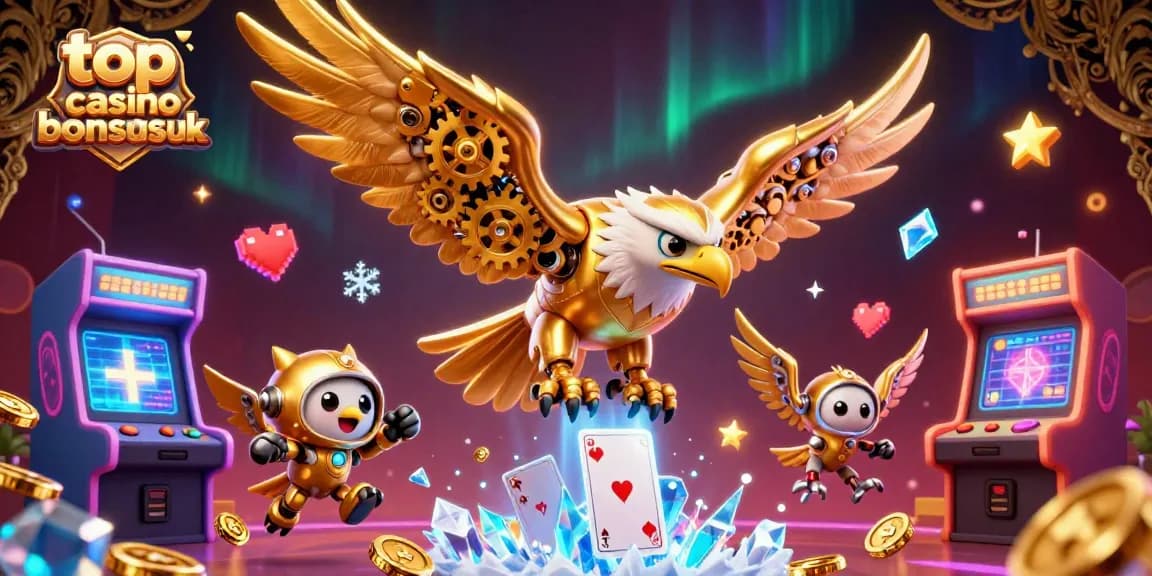 Explore the top casino bonuses uk with a vibrant 3D simulation featuring a golden eagle amidst holographic cards.