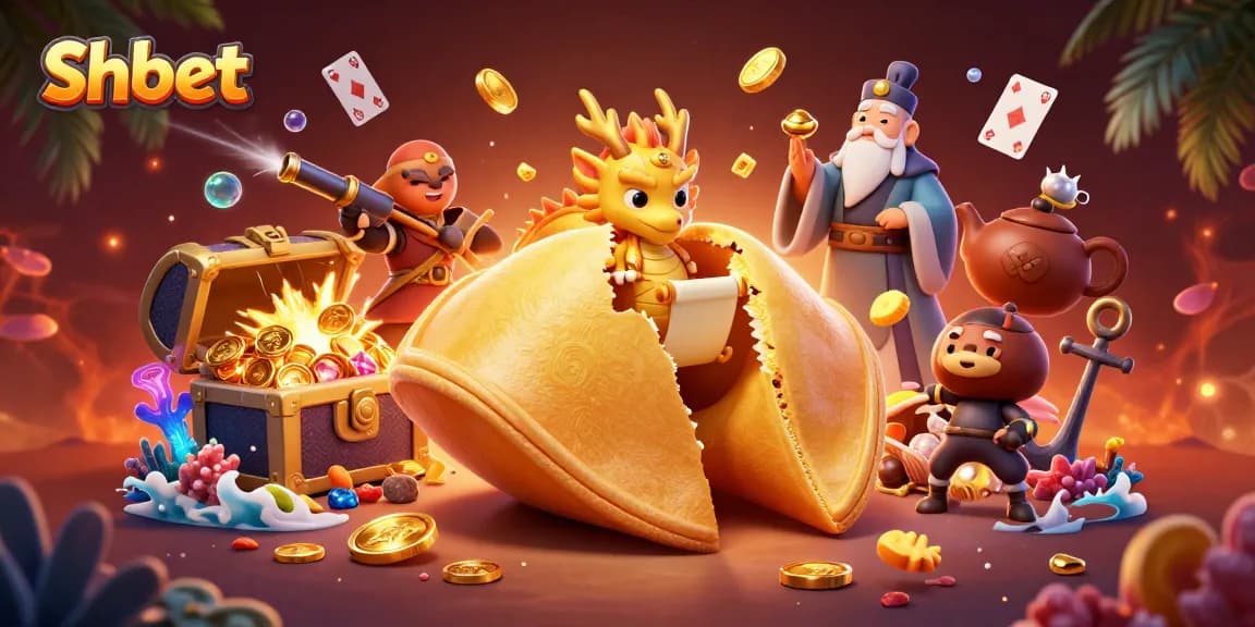 Bet big at shbet with 3D cartoon elements showcasing fortune cookies, dragons, and gold treasures.
