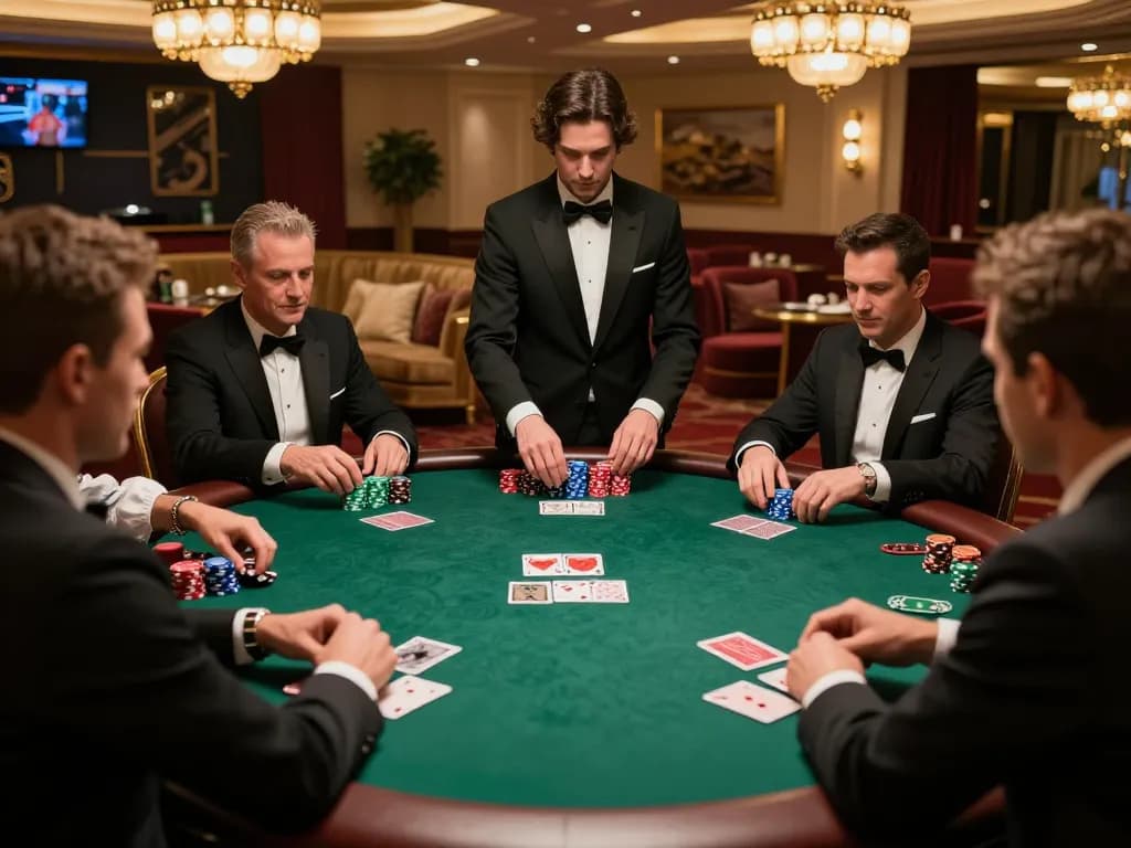 tg88 players engaged in a high-stakes poker game, showcasing strategy and excitement in an upscale casino