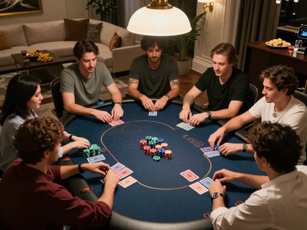 Engaged players enjoying a high-stakes poker game at home while playing OLYMPUS88.