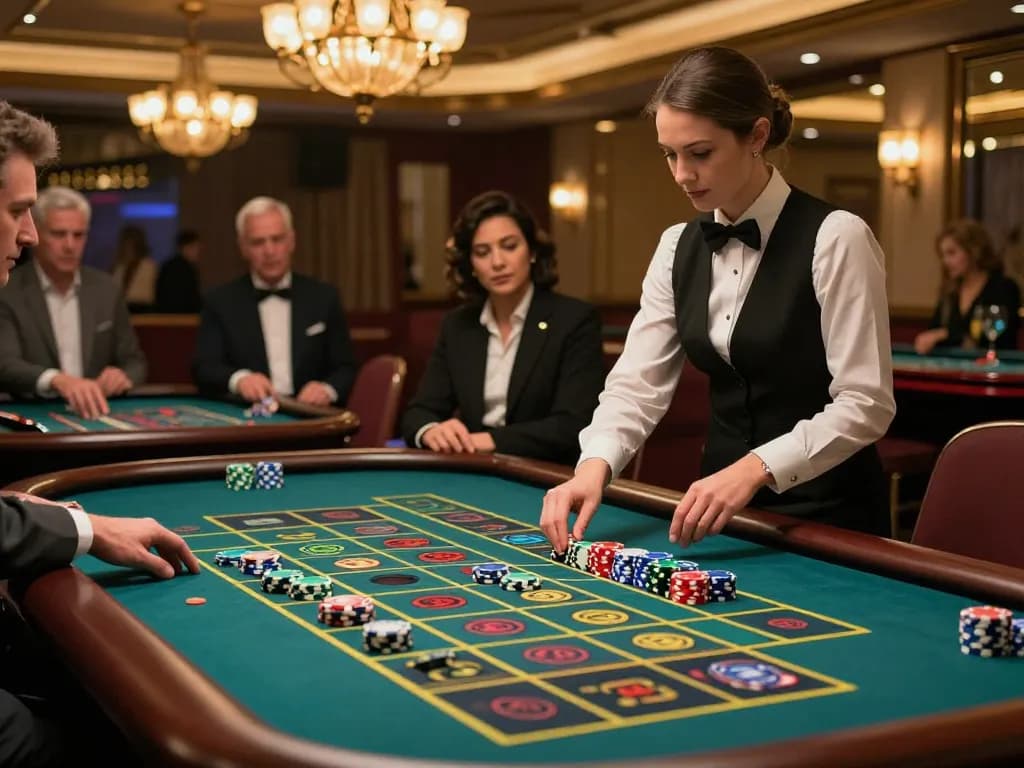 Engaging scene at a trang casino with players placing bets on an active roulette table, vibrant and luxurious atmosphere.