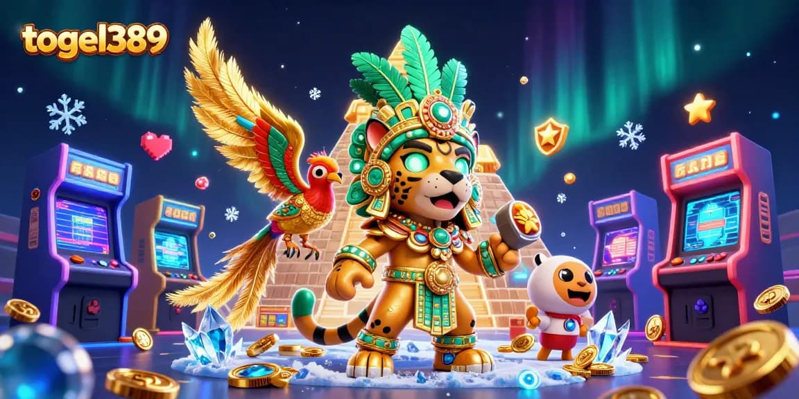 Engage with togel389's vibrant online slot experience, featuring a Mayan jaguar priest and his quetzal bird companion.