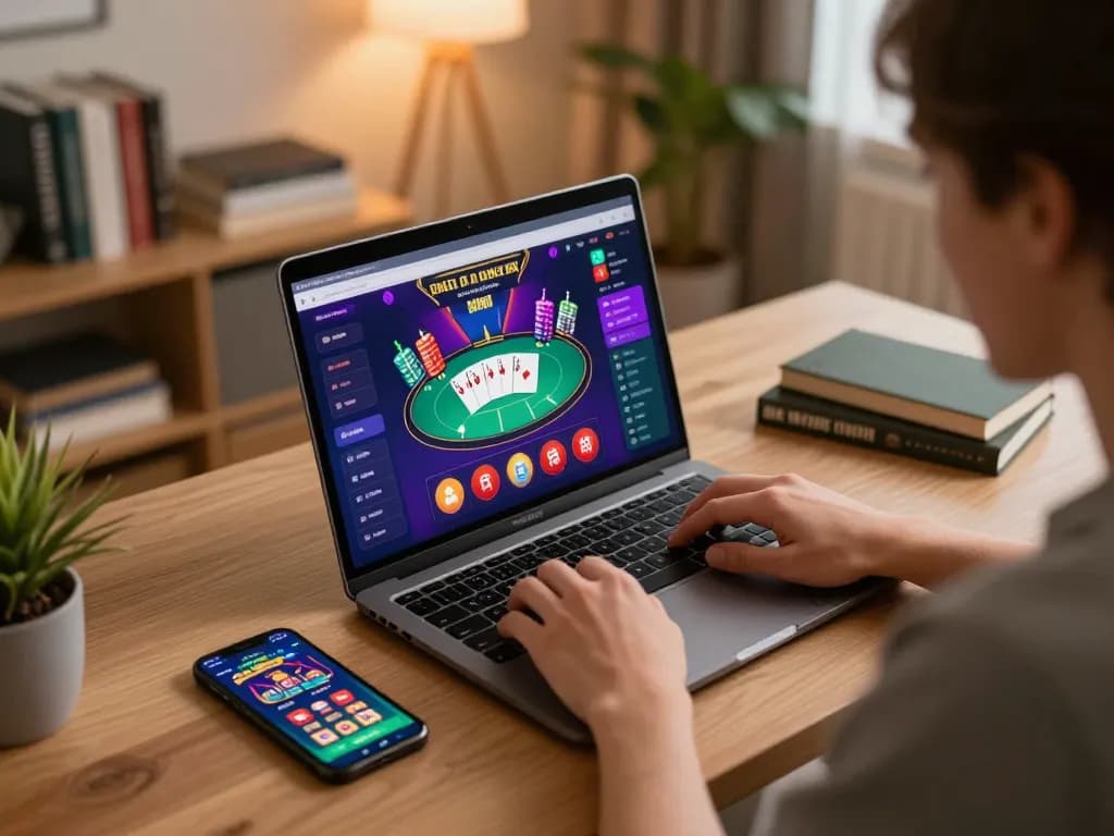 Engaging in dynamic online poker gameplay on a laptop at home, highlighting the convenience of dh88 gaming.
