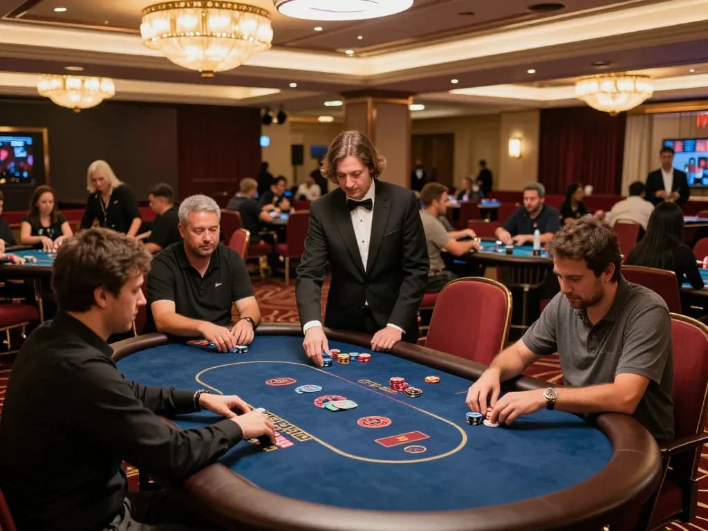 Players enjoy an exciting round at lc88 casino poker tables, surrounded by vibrant gaming atmosphere.