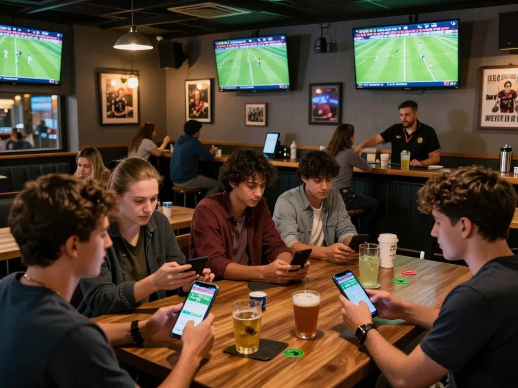 Soi Kèo insights shared in a vibrant sports bar during live match betting, patrons enthusiastic about football.