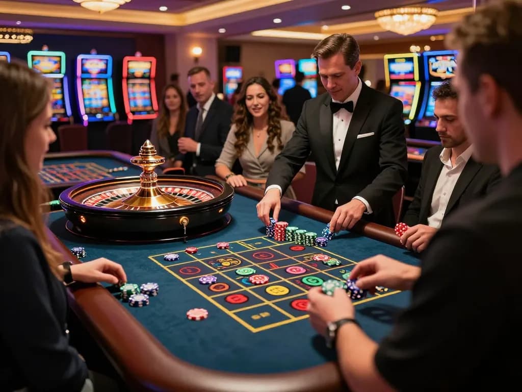 Kuwin players placing bets at a roulette table in an exciting casino atmosphere.