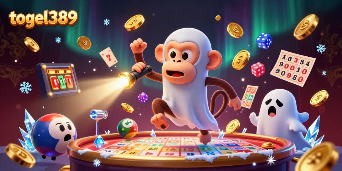 Engage in thrilling togel389 predictions with a mischievous monkey juggling lottery symbols in a joyful casino scene.
