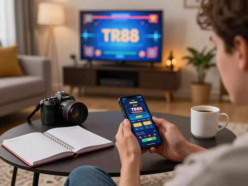 Player enjoying TR88 mobile gaming experience in a cozy home setup, highlighting excitement.