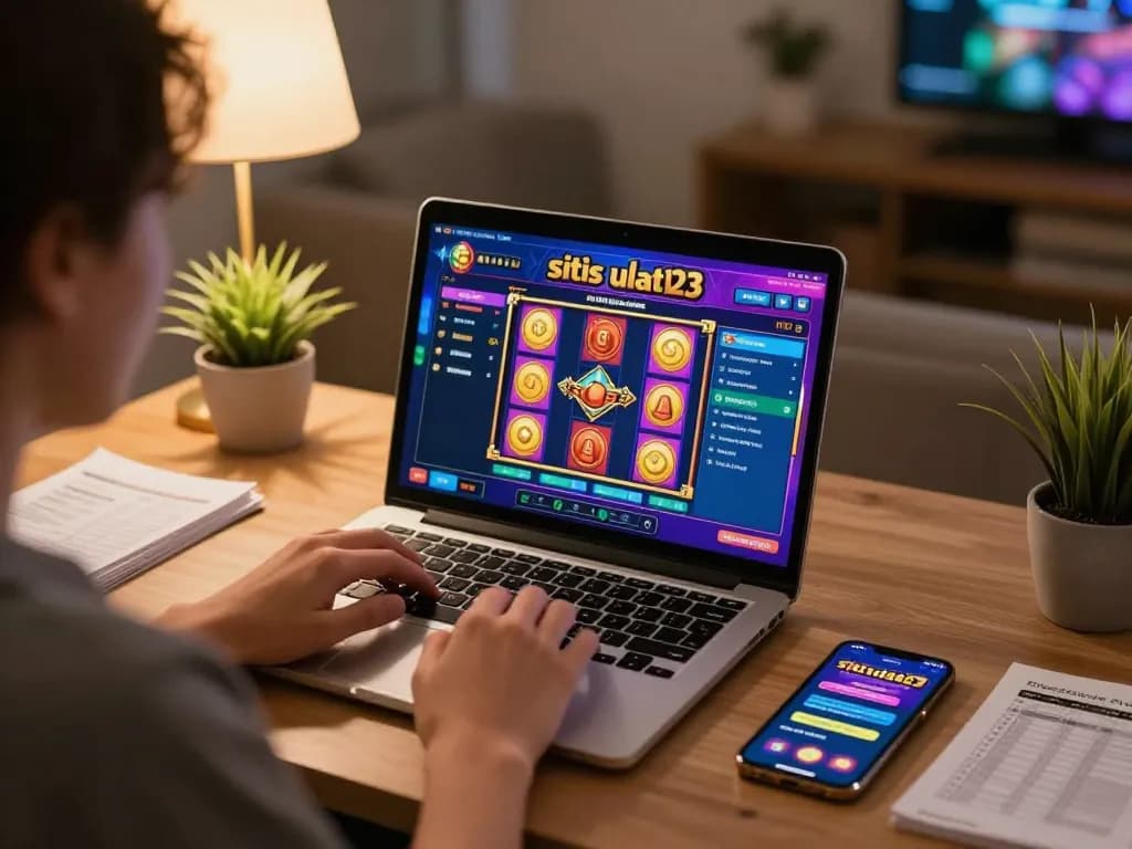 situs ulat123 player engaged in exciting online slot games on laptop, warm lighting creating a cozy gaming environment.