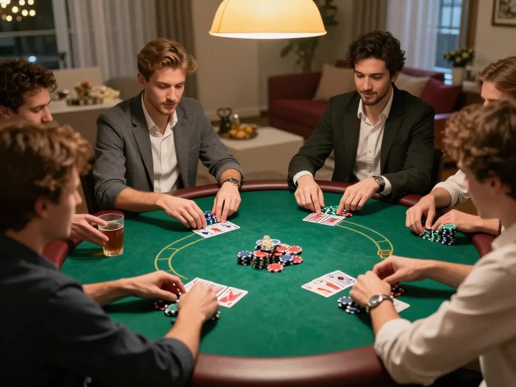 Friends enjoying a poker game at home, showcasing the sunwin experience in a vibrant casino atmosphere.