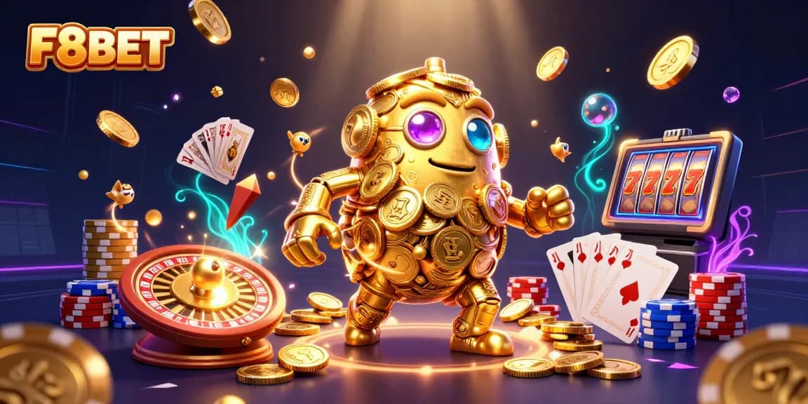 Bet on F8BET and enjoy vibrant 3D casino action with golden golem and chips.
