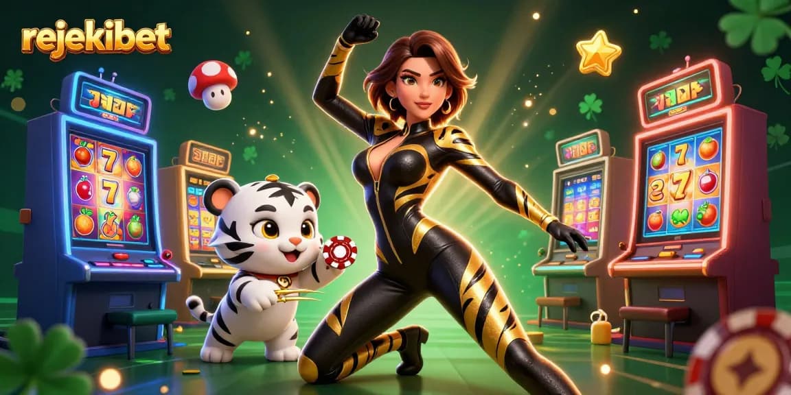 Engage with rejekibet's exciting slot experience featuring vibrant characters and casino elements.