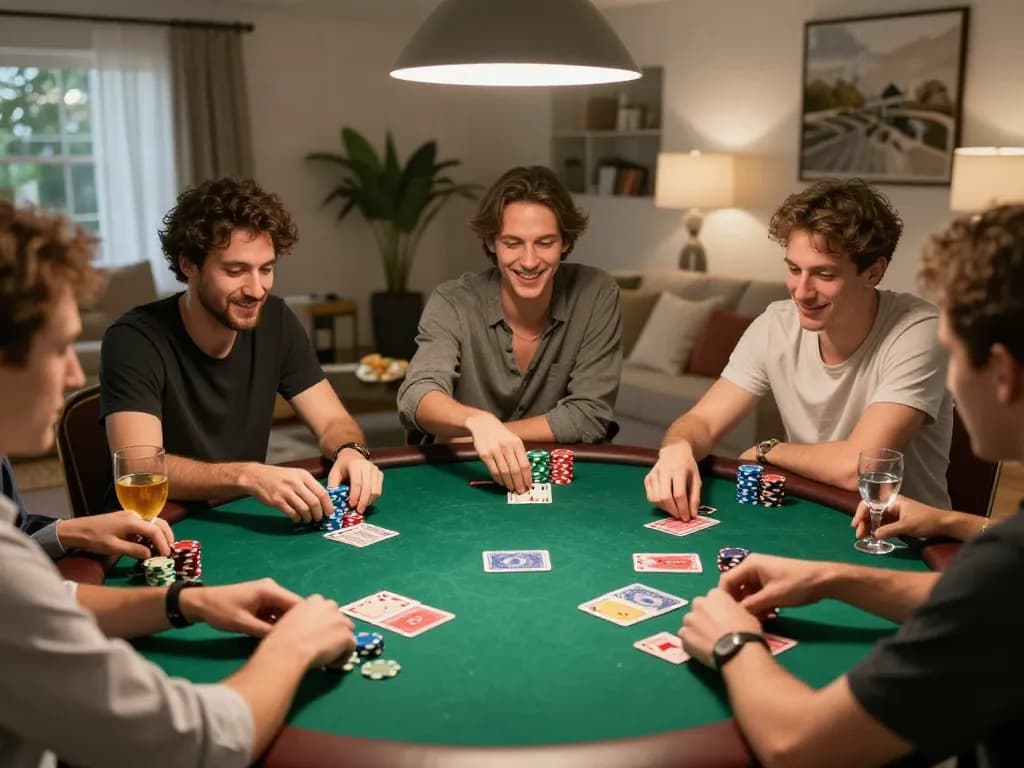 Hitclub players strategizing during a home poker night, vivid interaction around a green felt table.