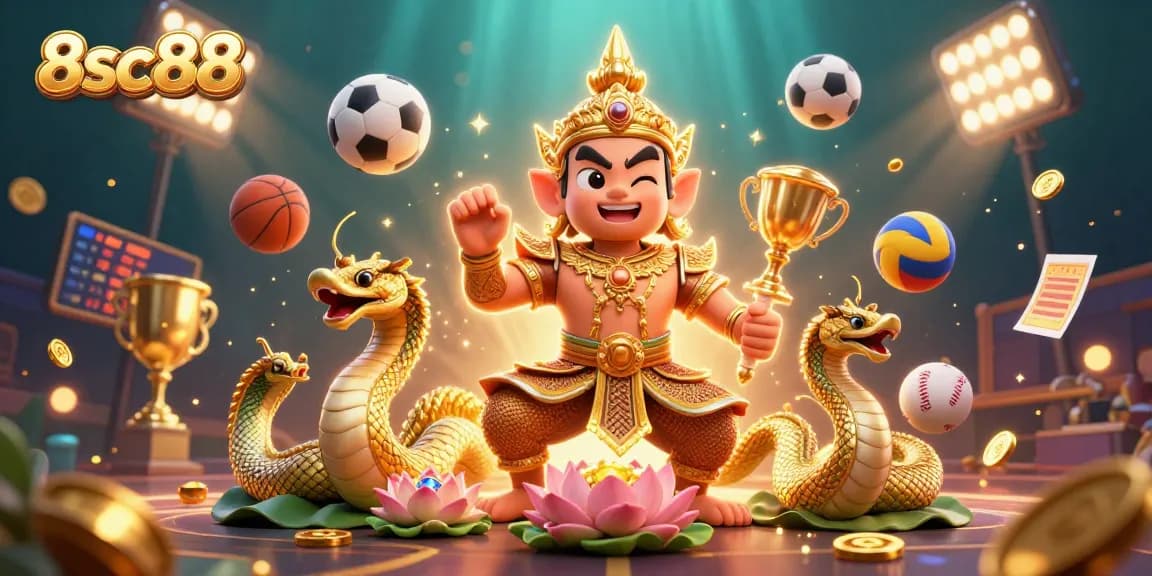 Engage with exciting gaming action at 8sc88 with vibrant sports balls and thrilling casino elements in a dynamic scene.