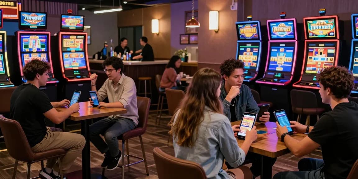Players enjoying the slot7000 gaming experience on mobile devices in a vibrant cafe setting.