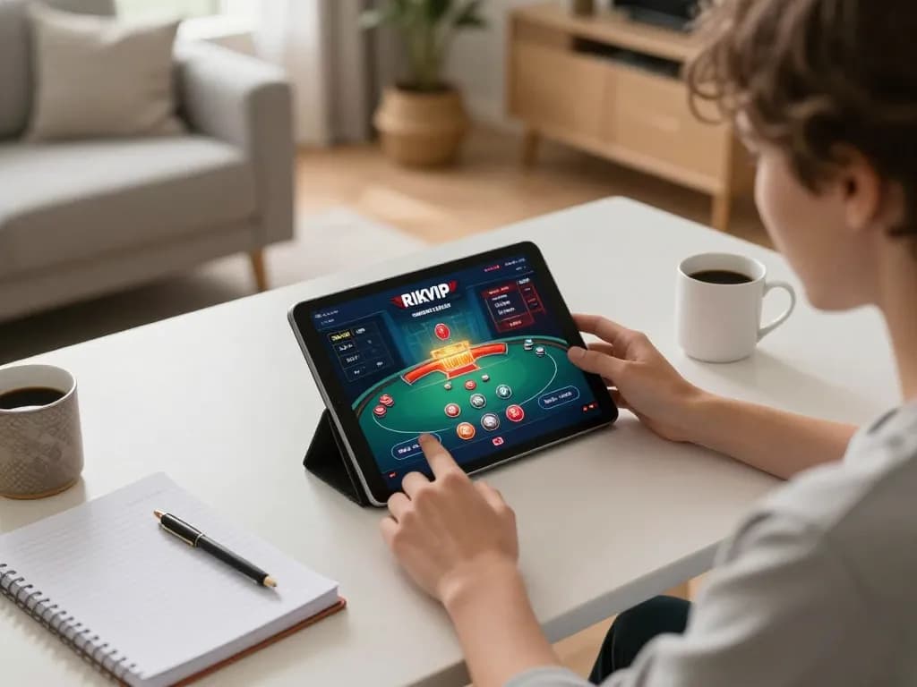 Engaging with Rikvip's online casino app for strategy-driven gaming at home.