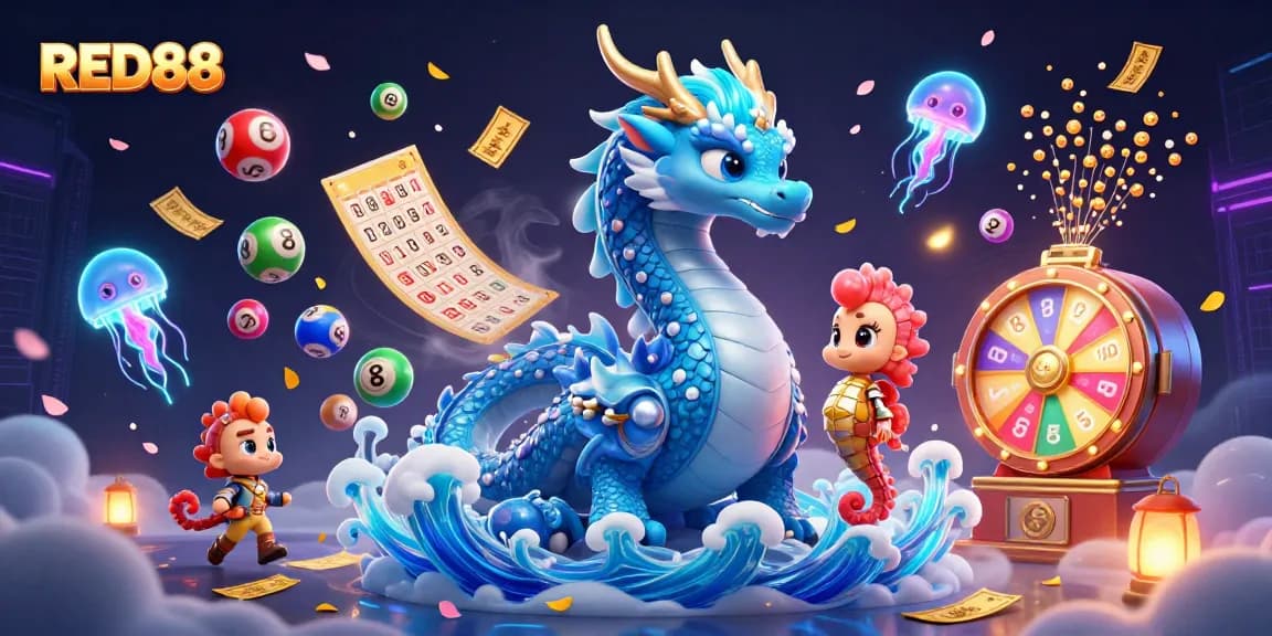 Engage with RED88's vibrant gaming scene, featuring a dragon and dynamic gambling elements.