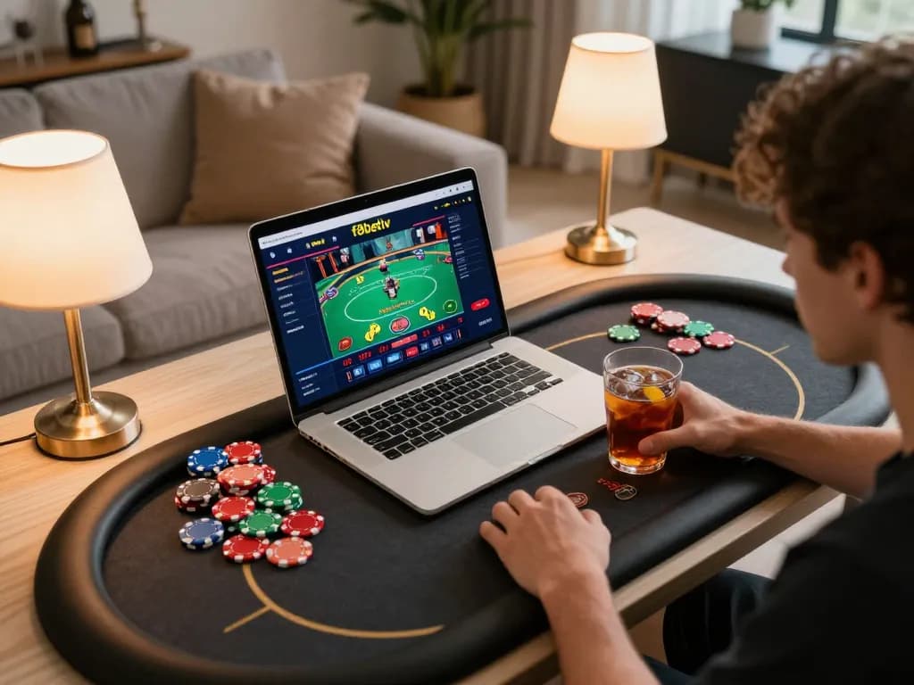 Engage in thrilling gameplay at f8betlv from a stylish online setup with a laptop and vibrant casino chips
