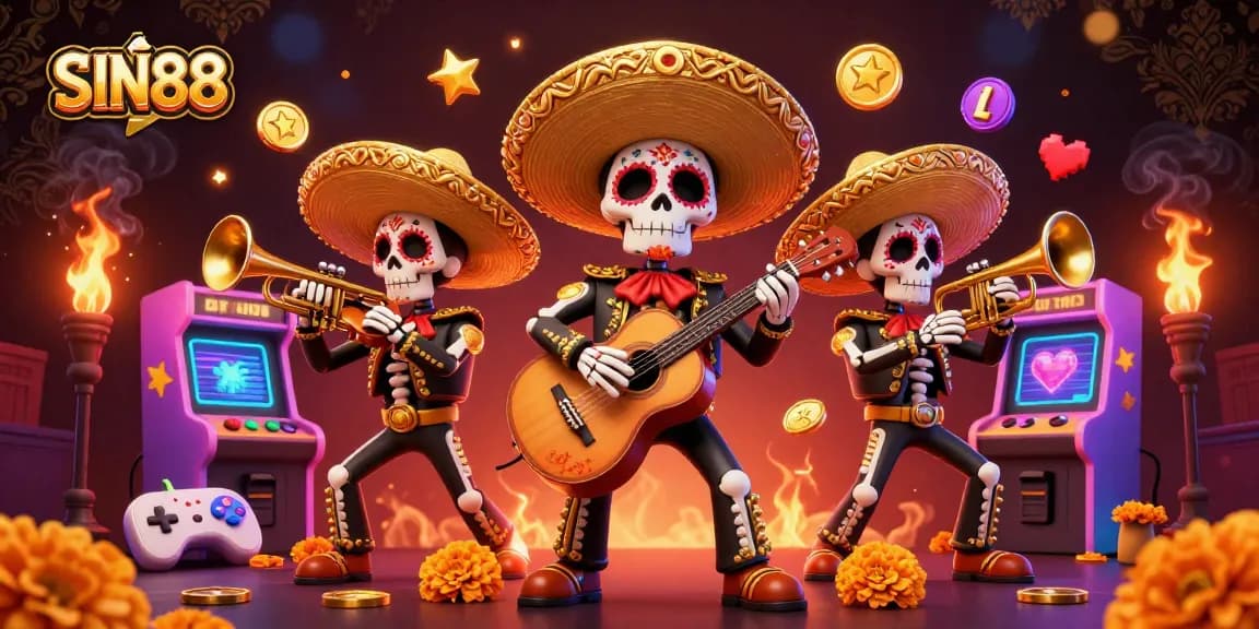 SIN88 engaging players at a vibrant casino with colorful 3D arcade machines amidst lively mariachi band