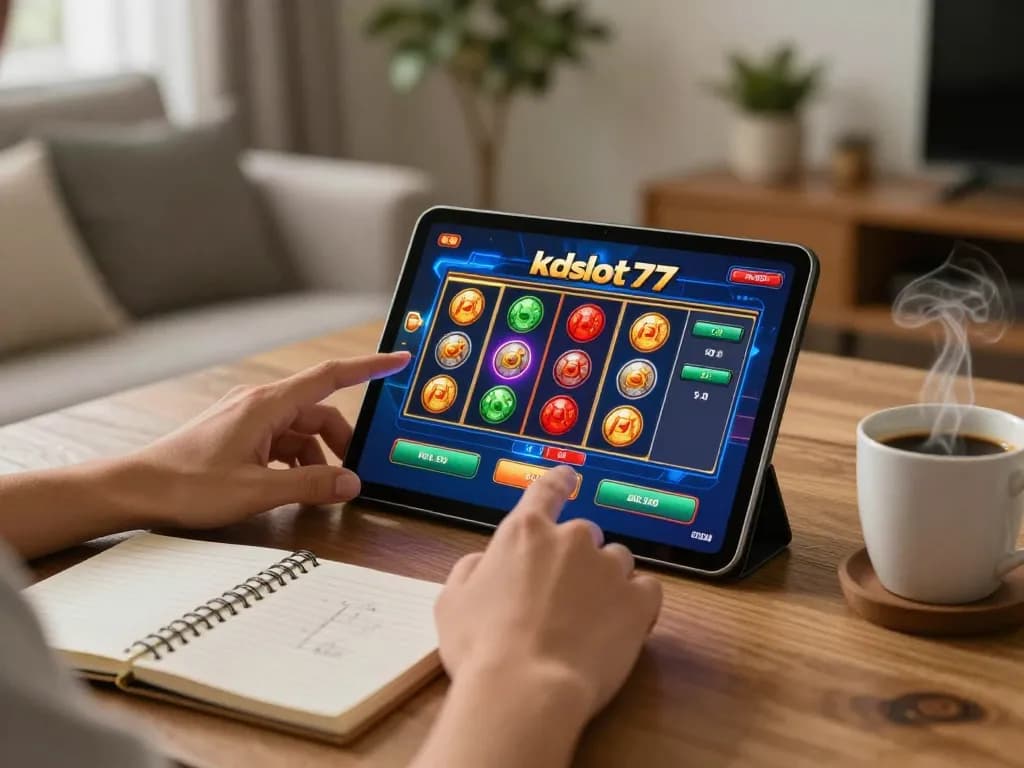 Engaged player enjoys kdslot77 online slots while focusing on strategy and gameplay in a cozy home setting.
