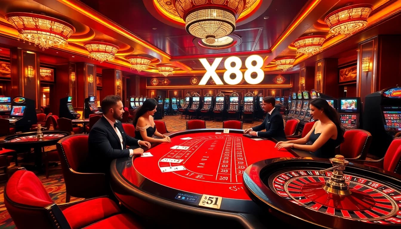 Exciting gaming scene at XX88 casino, featuring players enjoying blackjack and roulette.