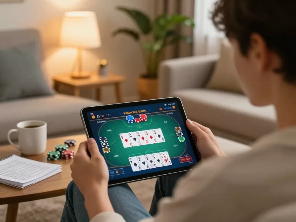 Player enjoying online poker on 789club platform in a cozy home setting with strategy notes.