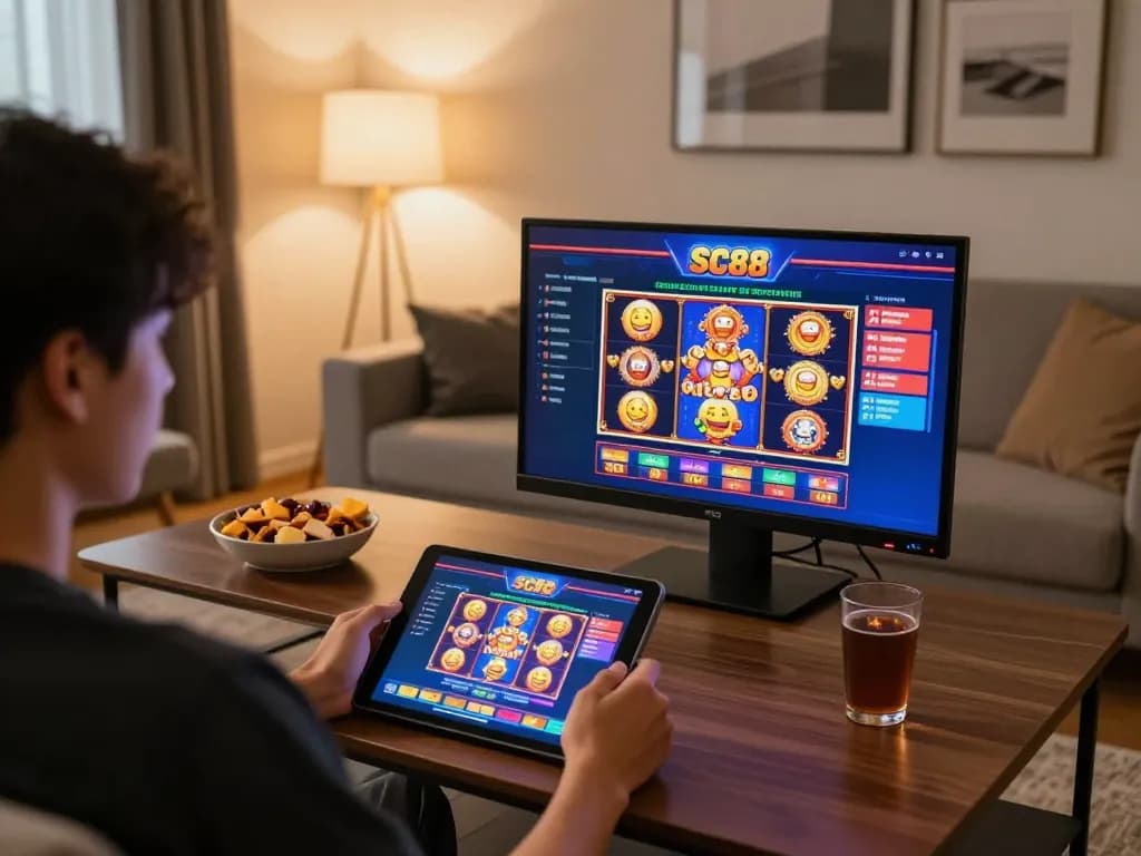 Nền Tảng SC88 with a user enjoying mobile gaming in a cozy living room, illustrating responsible online gambling.