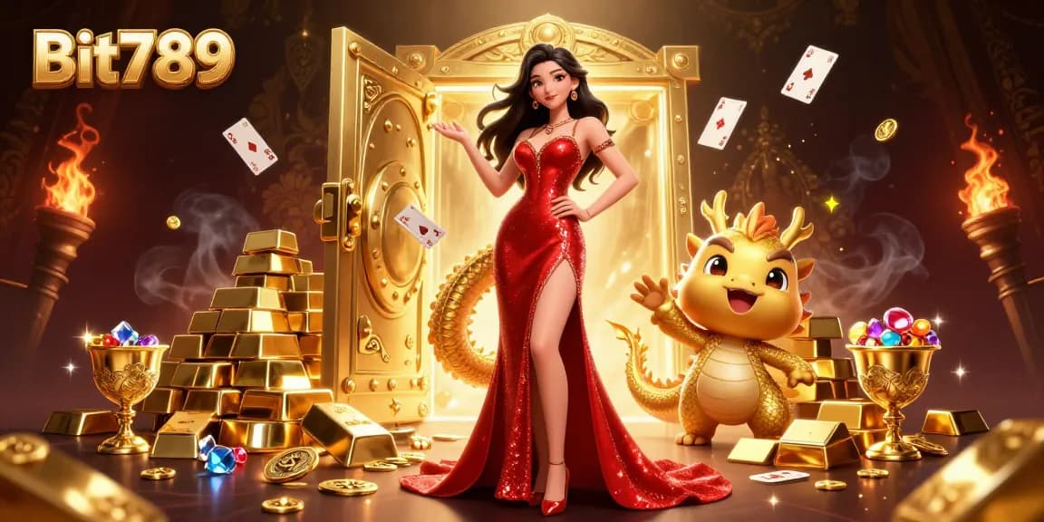 Engage with Bit789's vibrant casino scene featuring a confident Asian woman and a golden dragon.