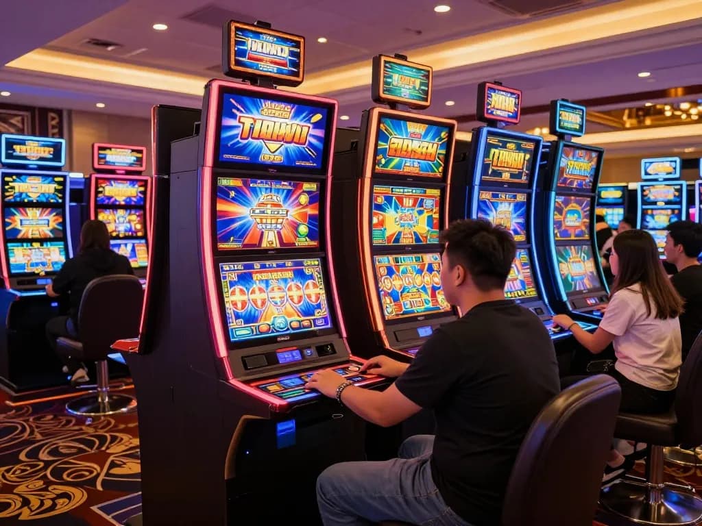 Players enjoying vibrant slot machines at 32win's casino for exciting gameplay.