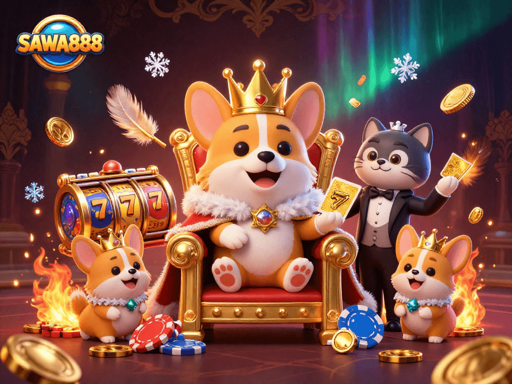 SAWA888 showcases an extravagant slot scene with a royal corgi and fine details, celebrating winning moments.
