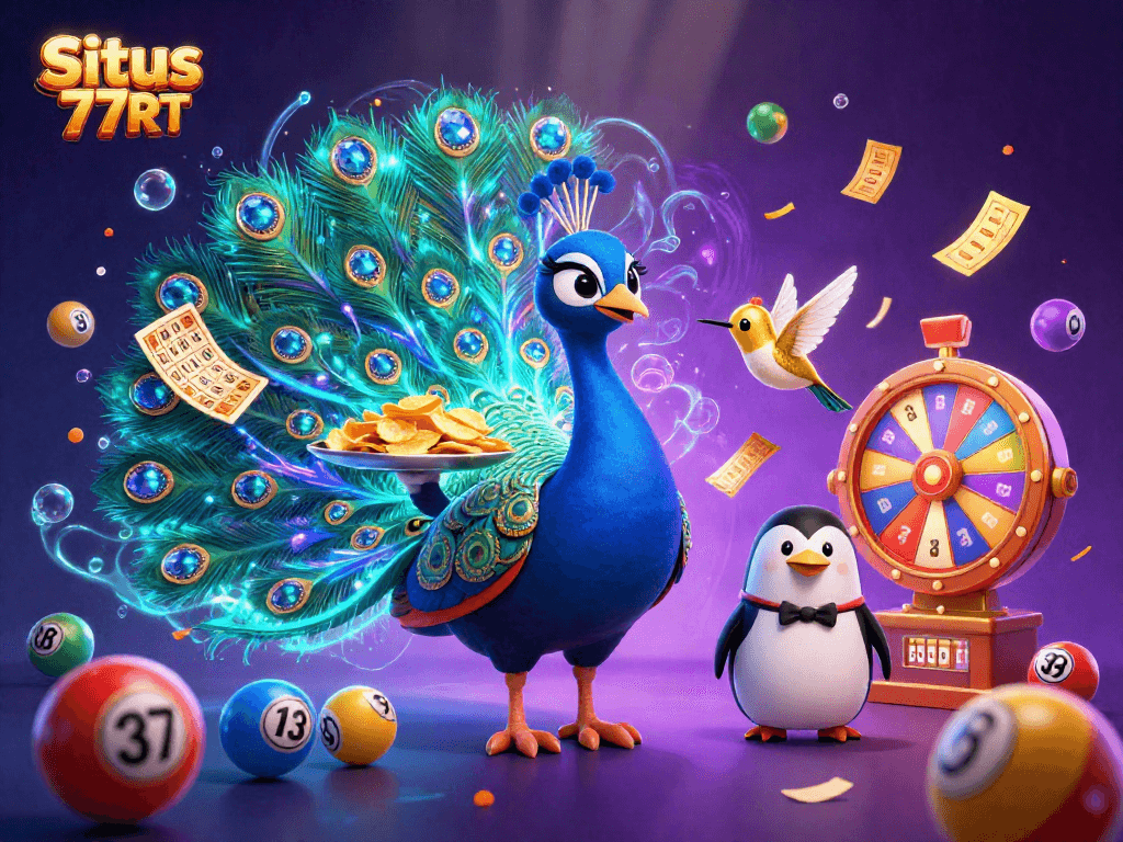 Situs 77RT showcases a vibrant lottery scene with colorful balls and casino elements