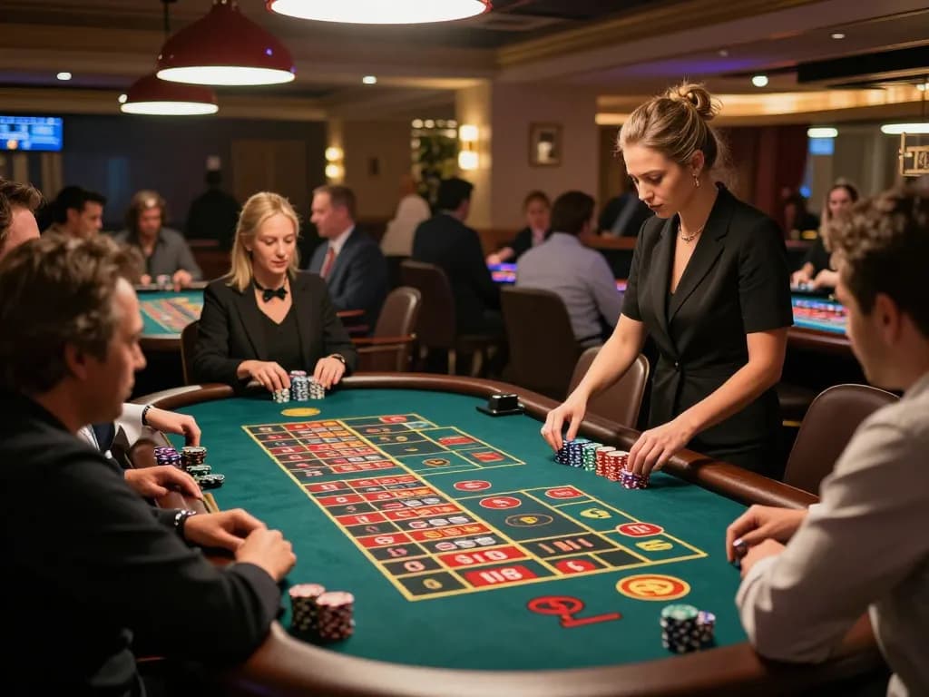 LGOLUX players engaged in intense betting at an exciting roulette table in a lively casino.
