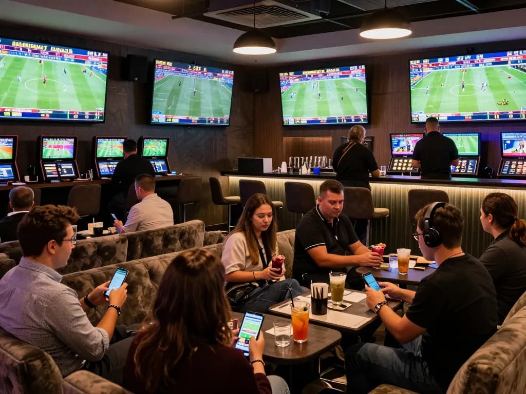 IDNSCORE betting enthusiasts engaging with live sports screens and mobile devices in a dynamic lounge.