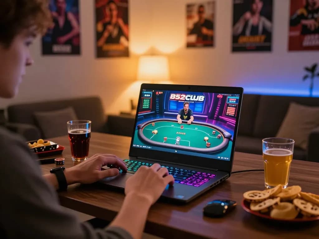 B52club player engaged in online poker, showcasing a vibrant home gaming setup with snacks and drinks.
