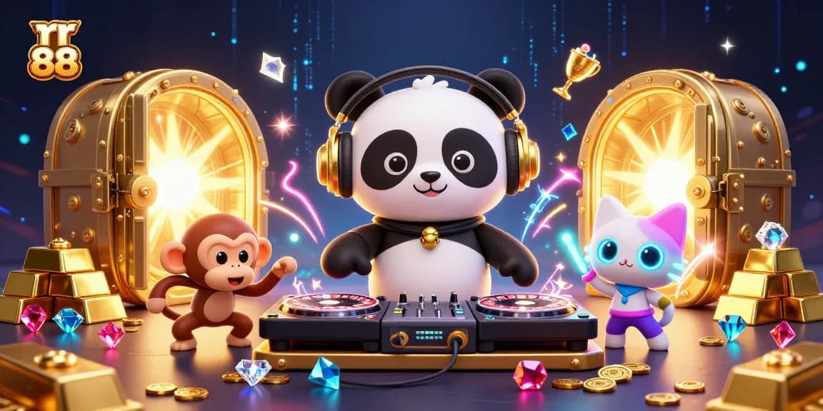 Experience the excitement of rr 88 with a vibrant 3D scene of a DJ panda, dancing monkey, and rave kitten in a dynamic casino atmosphere.