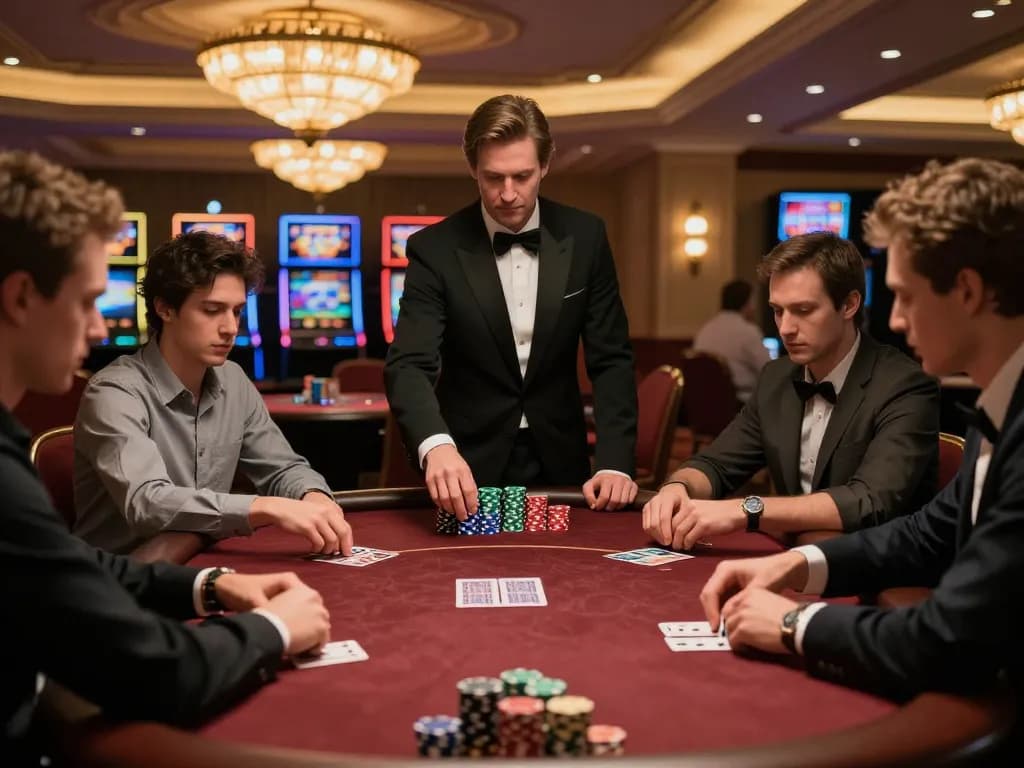 Pemain Aman788 merencanakan strategi di meja poker berisiko tinggi yang menampilkan permainan intens dan suasana kasino yang penuh warna.
