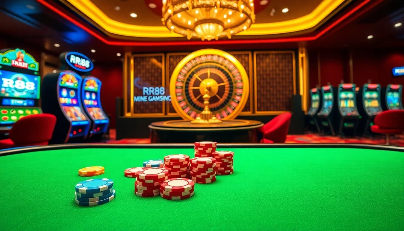 RR88 casino scene with vibrant poker chips, elegant roulette wheel, and engaging online gambling interface.