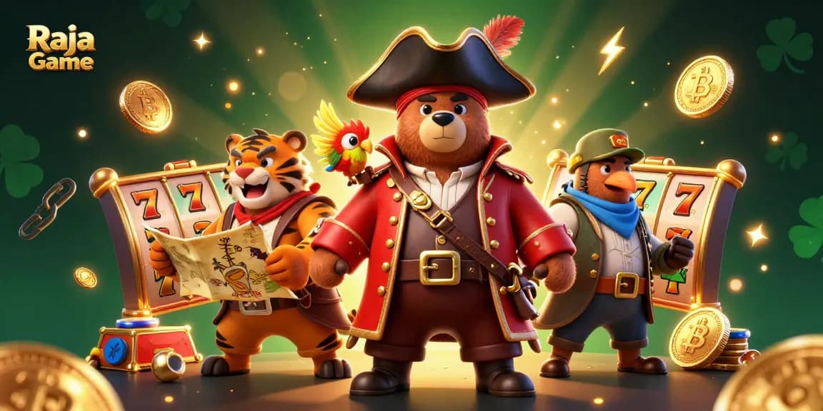 Experience thrilling wins at Raja Game with a pirate bear, tiger, and treasure map in a vibrant casino scene.