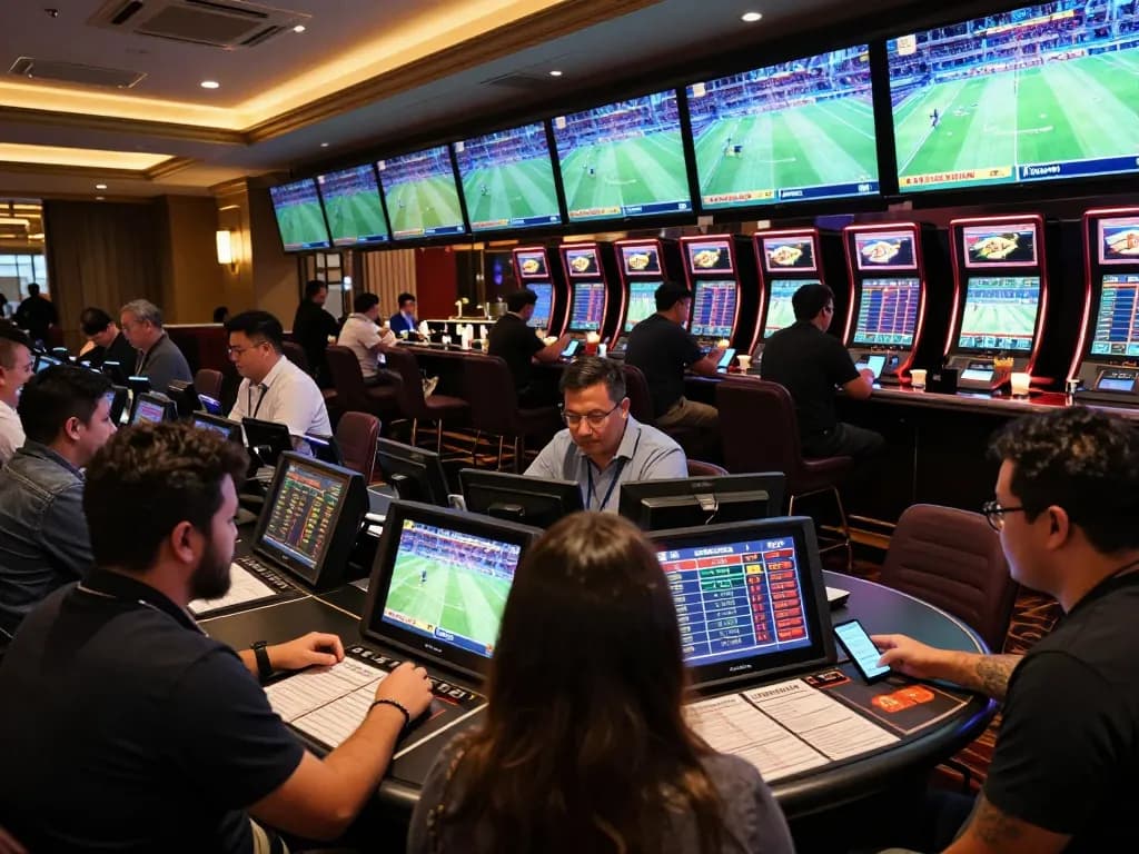 Engaged bettors analyzing kèo nhà cái odds while enjoying live sports in a modern casino setting.