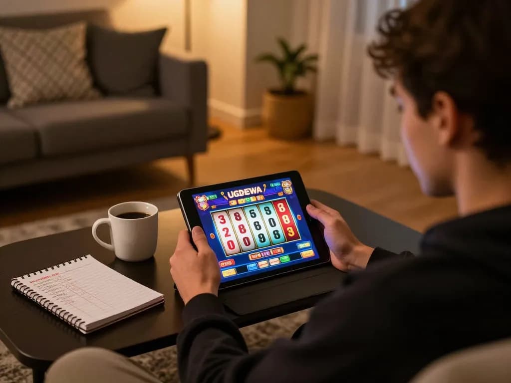 Engaging in slot gameplay on UGDEWA with tablet in a cozy home setting